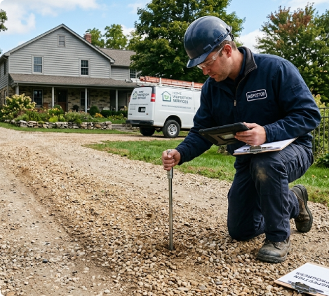 Home inspector measuring gravel driveway